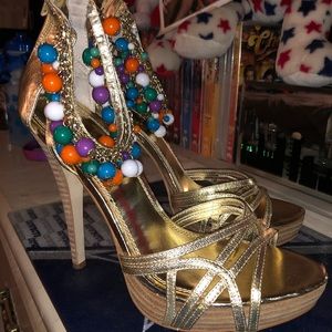 Bebe Gold Platform Beaded Heels size 8